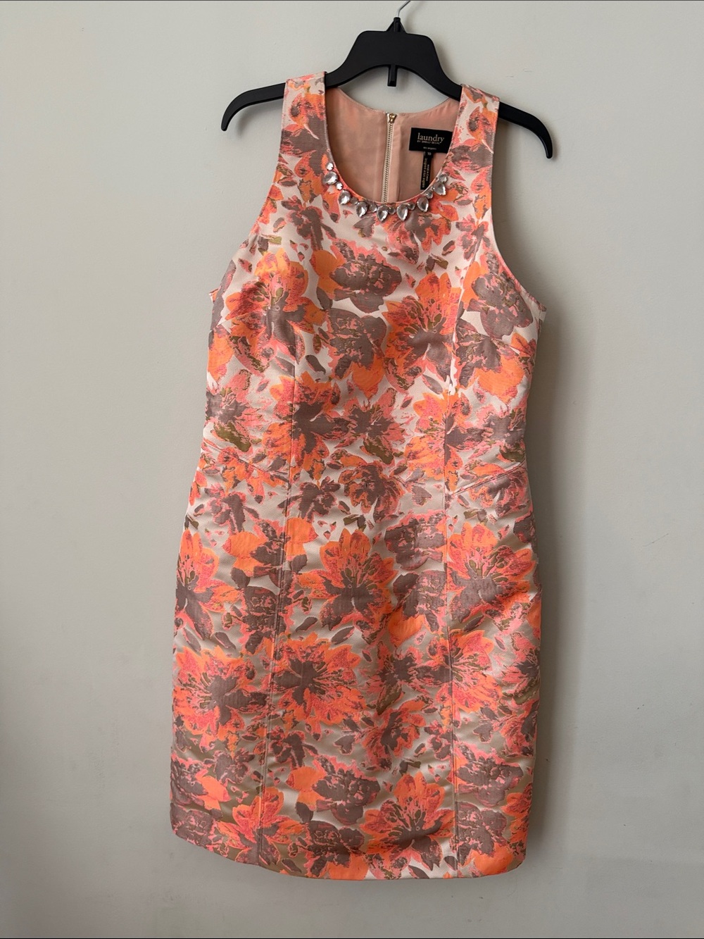 Laundry By Shelli Segal Coral and Taupe Floral Jewel-Neck Sheath Dress